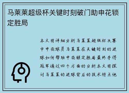 马莱莱超级杯关键时刻破门助申花锁定胜局