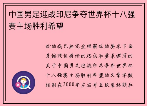 中国男足迎战印尼争夺世界杯十八强赛主场胜利希望